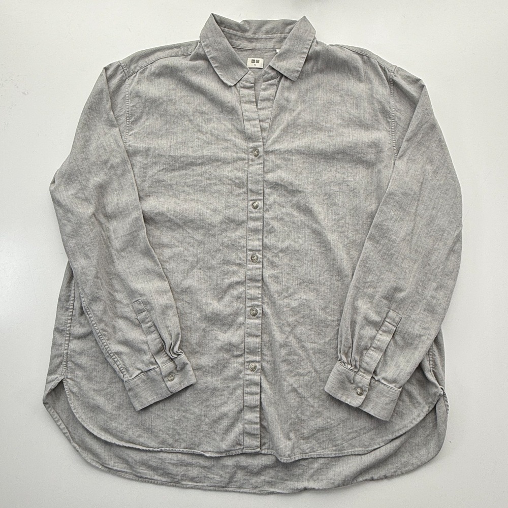 UNIQLO Long Sleeve Button Up‎ Shirt Womens XL Relaxed Brushed Heather Gray